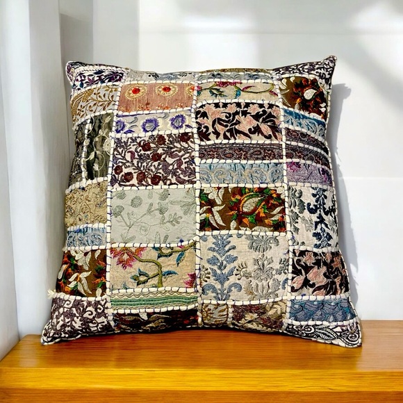 World Market Boho Embroidered Patchwork 17” Square Throw Pillow - Picture 1 of 10